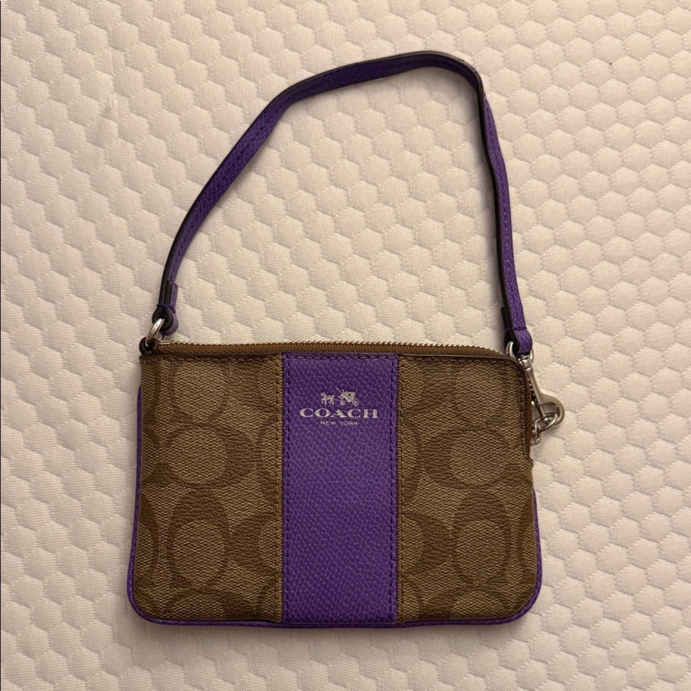 Coach Brown Signature Canvas Wristlet with Purple Stripe